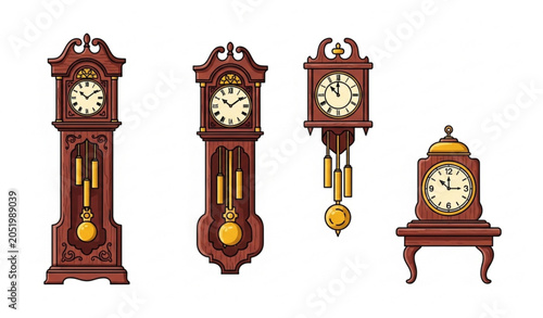 Tablou pe pânză Antique grandfather clocks and mantle clock collection vintage timekeeping illus