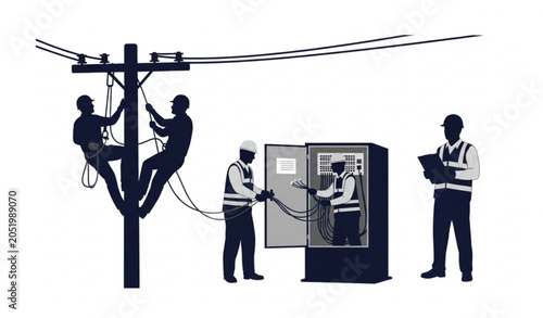 Obraz na plátne Electrical linemen working on high voltage power lines and distribution equipmen