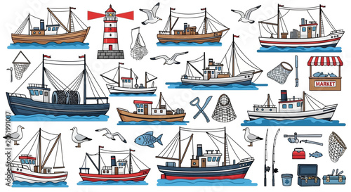 Fotografie Fishing Boats and Lighthouse Collection: Nautical Vector Illustration