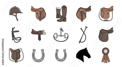 Fotografía Equestrian Equipment Collection: Saddles, Helmets, Boots, Horseshoes, Bridles
