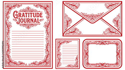 Quadro su tela Gratitude journal stationery collection with lined page, envelope and framed cards, red decorative vector printable for planner, diary and thankful notes