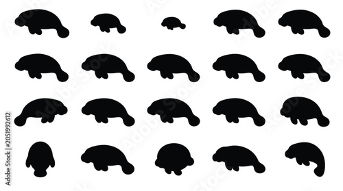 Tableau sur toile A collection of black manatee silhouettes of various sizes on a white background, illustrating a pattern