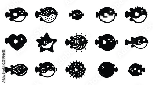 Принти на полотні Collection of cute and stylized pufferfish icons in various shapes and forms
