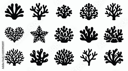 Collection of black coral silhouettes on a white background, representing diverse marine life forms.
