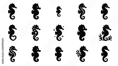 Bild auf Leinwand Collection of Silhouette Seahorse Icons and Illustrations.