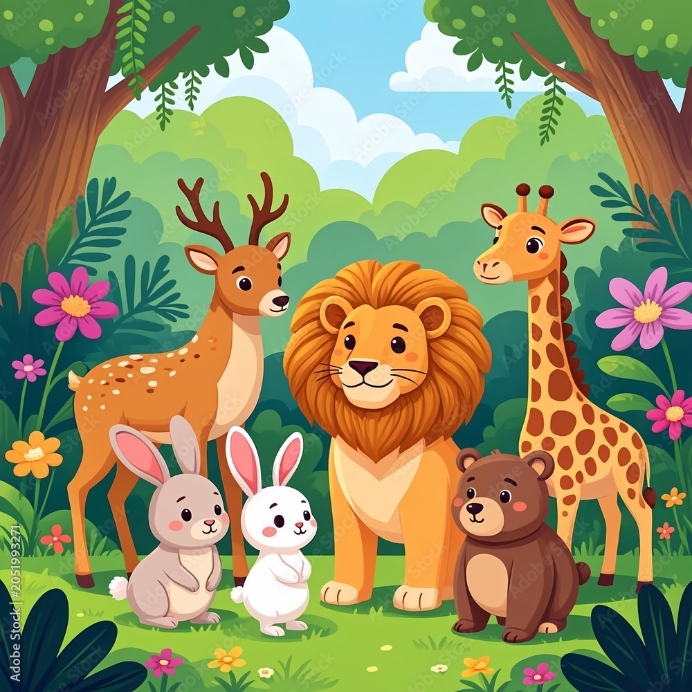 Naklejka premium Adorable cartoon wild animals, including a lion, giraffe, deer, rabbits, and bear, enjoy a friendly gathering in a vibrant jungle landscape with lush foliage and bright flowers