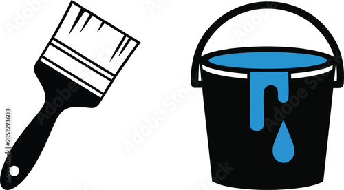 Wall painting renovation tools icon set with creative paint brush and blue color bucket