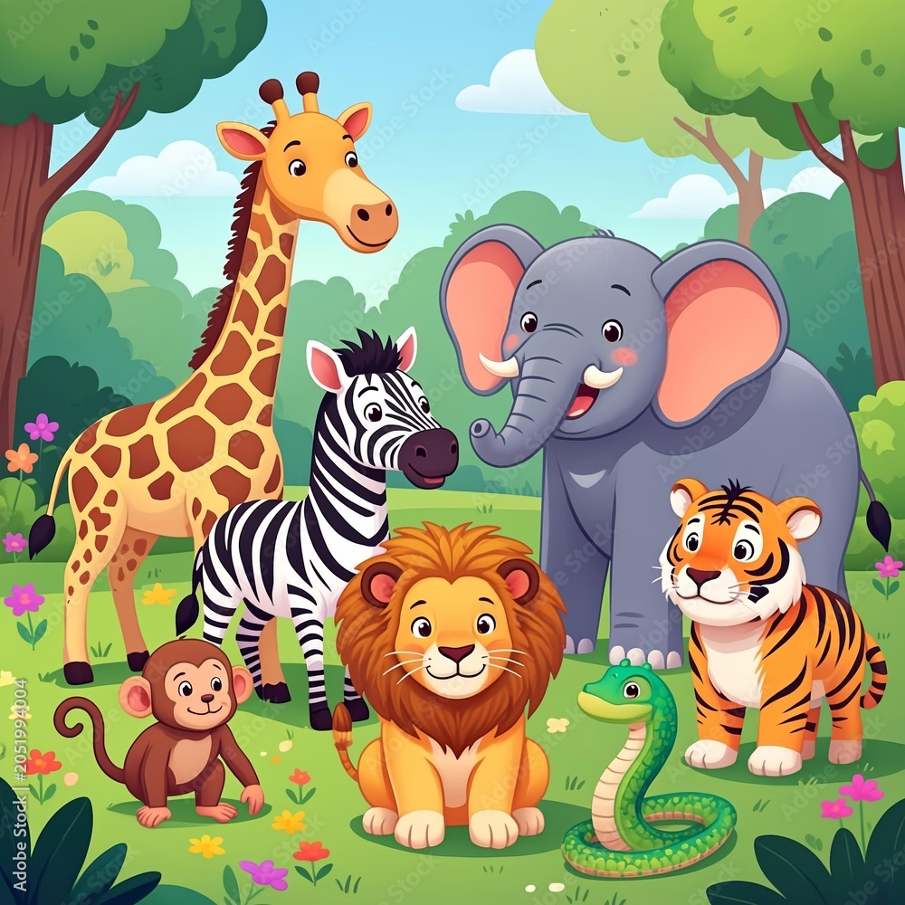 Naklejka premium A delightful illustration of various wild animals gathered together in a lush green forest clearing