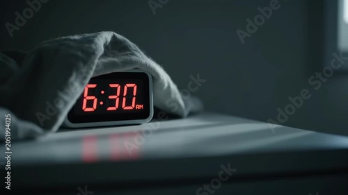 Digital alarm clock displaying 6 -30 AM on a bedside table in a dark room.