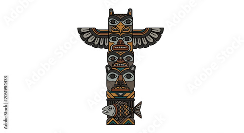 Bild auf Leinwand Native American Totem Pole with Animal Carvings and Fish