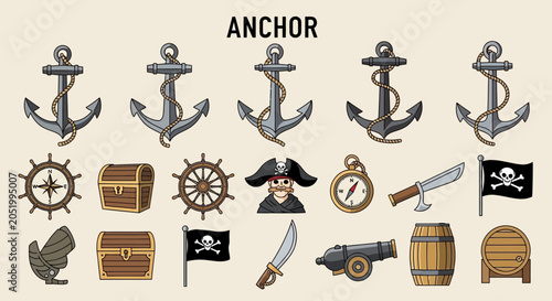 Canvas-taulu Pirate Treasure Chest, Anchor, Compass, Flag, Cannon, Cutlass, Barrel, Ship Whee