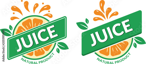 Fresh orange juice label design set with natural fruit slice and liquid splash element