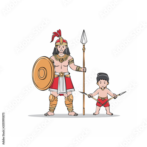 Traditional warrior and child illustration