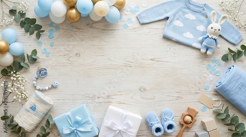 Baby shower celebration with gifts and decorations on wooden table