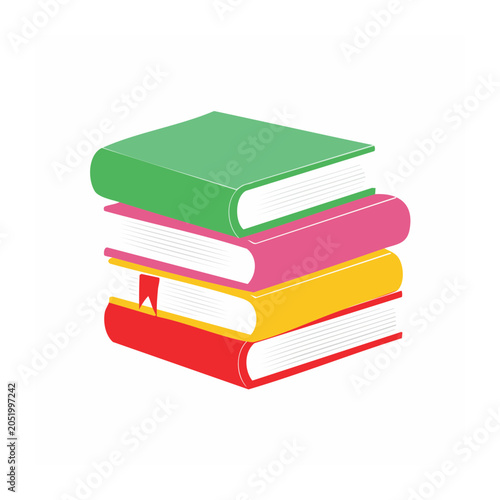 Stack of colorful books with a bookmark