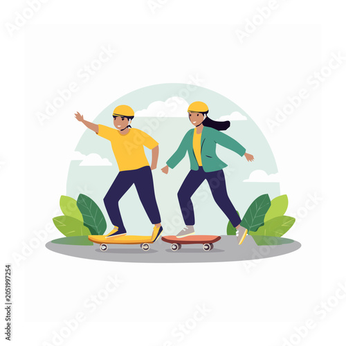 Two people skateboarding in a park with helmets