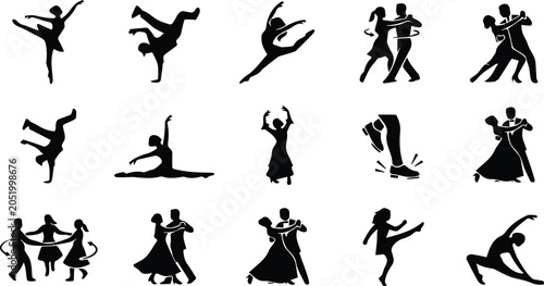 Quadro su tela Dance Style Silhouette Set Ballet Tango Flamenco Breakdance Waltz Folk Black Vec