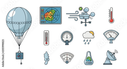Fotografi Weather Science Equipment Icons: Hot Air Balloon, Thermometer, Radar, Anemometer