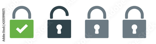 Unlocked and locked padlock icons in grey and dark blue with green checkmark.