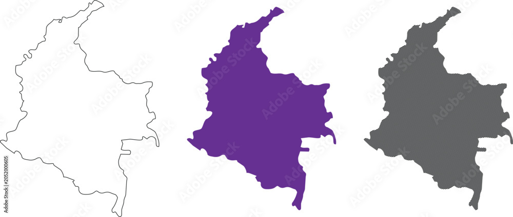 Fototapeta premium Colombia map vector illustration showing silhouette design elements in isolated flat style for graphic presentation projects including solid colored and lined shapes.