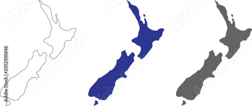 New zealand map vector illustration collection with diverse design styles including contour silhouette and hatched texture patterns for creative geography layout.