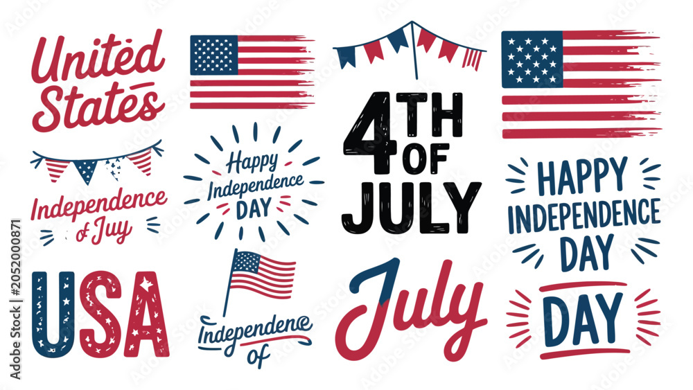 Fototapeta premium Colorful 4th of july independence day celebration elements with flags banners and text for american holiday festivities