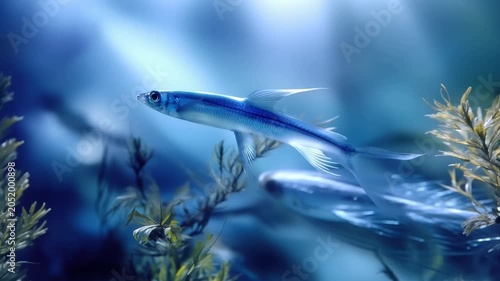 Underwater scene blue fish swimming among plants in illuminated water