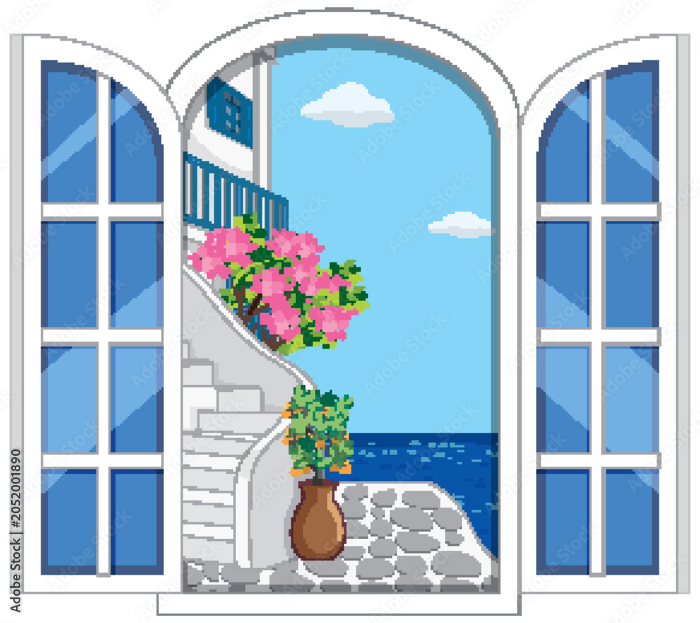 Obraz premium Scenic Mediterranean Village View Through Open Arched Window with Sea Background