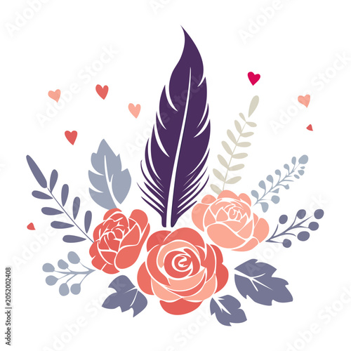 Bohemian feather and floral arrangement with hearts