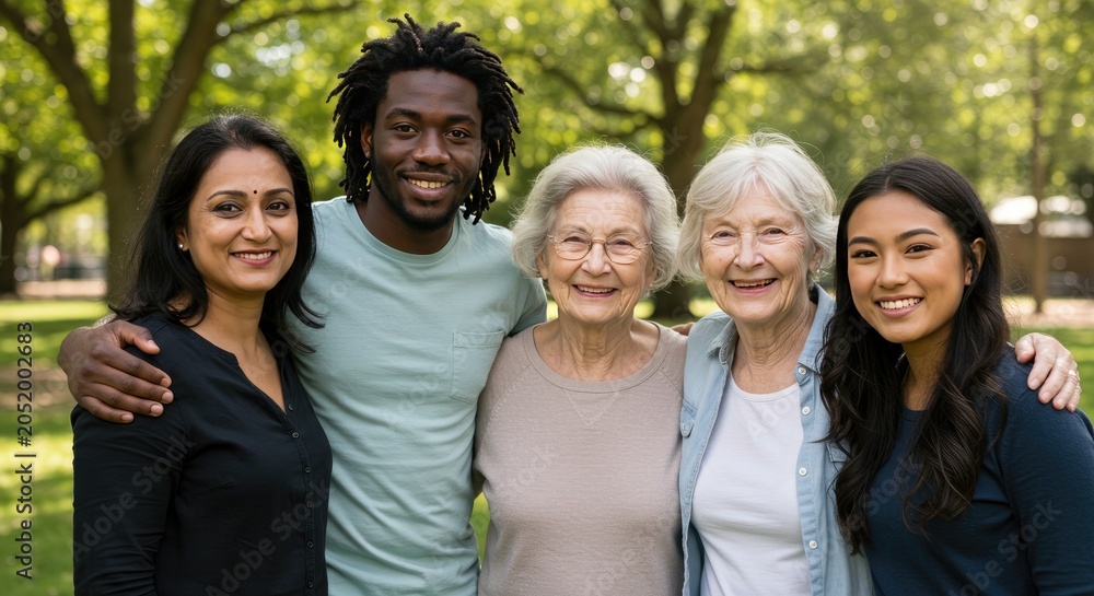 Fototapeta premium A diverse group of people including a young man with his arms around two older women and two young women standing together in a park on a sunny day.