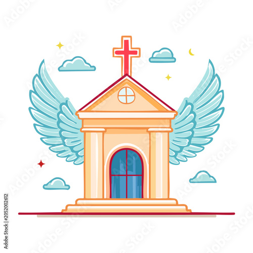 Illustration of a church with wings and a cross