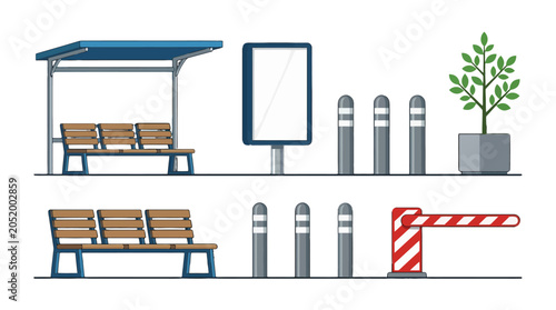 Set of city street furniture icons including benches and barriers.