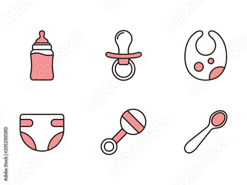 Baby Essentials Line Icons Set, Cute Newborn Care and Feeding Elements for Infographic Template Banner