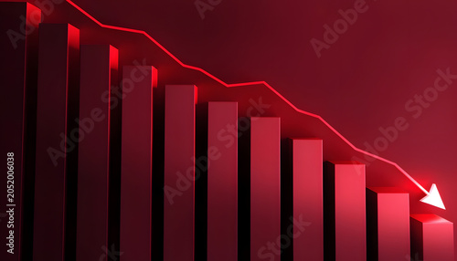 3d render of a red bar chart showing a downward trend with a declining line graph and a downward pointing arrow, symbolizing financial loss or market crash