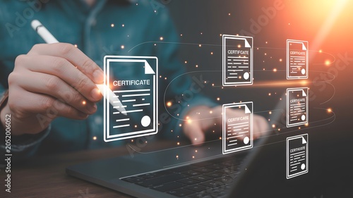 Digital Professional Certification Management Process Representing Virtual Document Handling and Online Authentication Workflow
