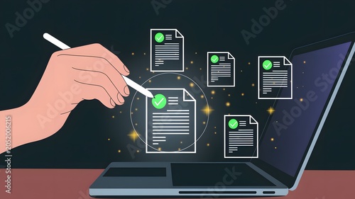 Hand using a digital stylus to sign and approve electronic documents on a laptop screen for efficient remote paperless workflow management