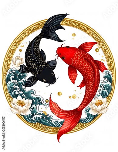 Black and Red Koi Fish Yin Yang Mandala with Gold Frame and Red Lotus Flowers