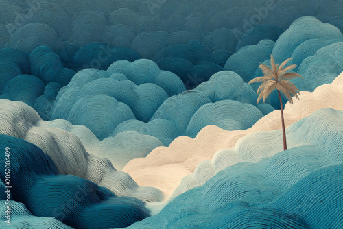 Abstract illustration of layered waves and clouds in shades of blue, green, and yellow with a single palm tree on a beach at sunset