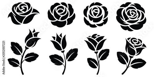 Set of black rose icons and rose buds with leaves on isolated transparent background for design