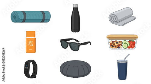 Collection of fitness and healthy lifestyle essentials featuring a yoga mat water bottle sunscreen sunglasses meal prep container and activity tracker for wellness and active living routines