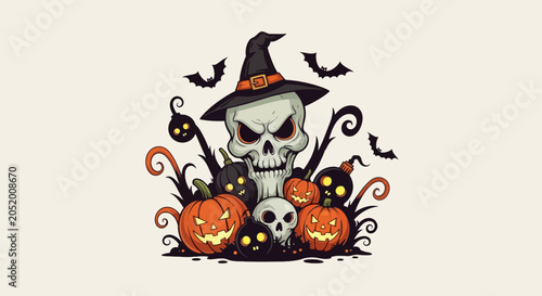 Foto Halloween Skull Wearing Witch Hat.