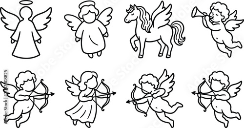 Φωτογραφία Outline cherubs with wings and bows in playful poses for romantic holiday celebr