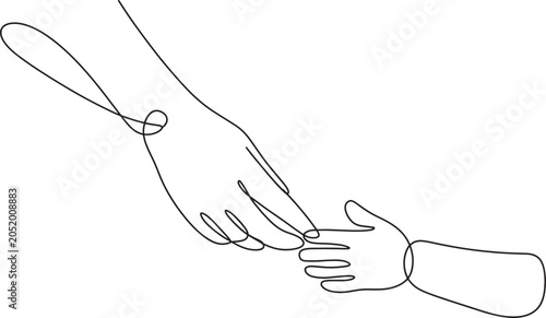 Minimalist continuous line drawing of adult hand reaching for child hand representing care support.