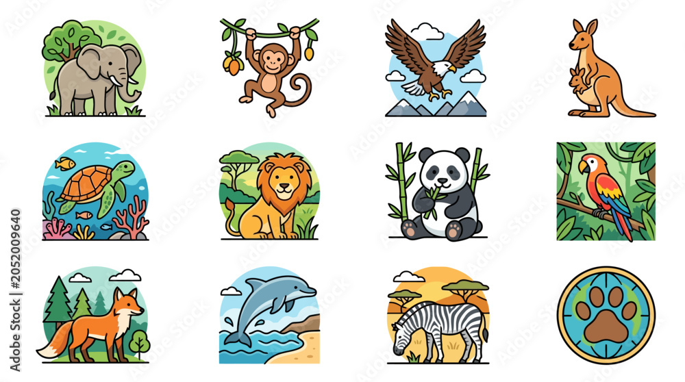Obraz premium Colorful illustrations of various animals in nature scenes
