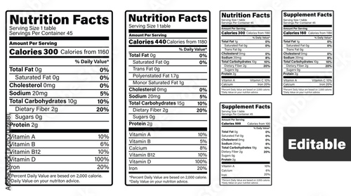 Cuadro en lienzo Set of nutrition facts and supplement facts labels for food packaging