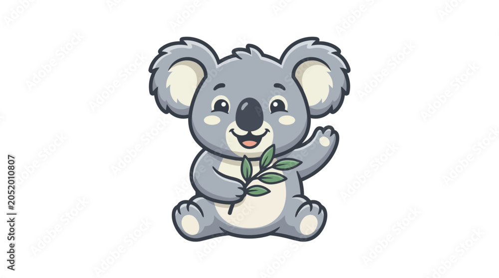 Fototapeta premium Cute koala mascot sitting with eucalyptus leaf illustration