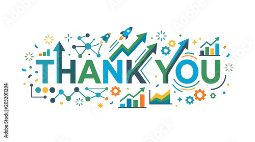 Professional Business Thank You Greeting Graphic Design with Growth Charts and Decorative Corporate Achievement Elements