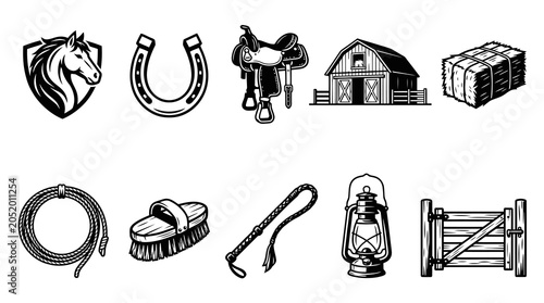 Vintage Equestrian and Horse Ranch Silhouette Elements Set