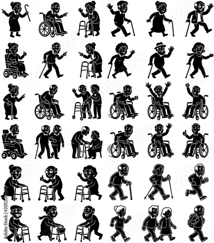 Senior citizens and elderly people cartoon character silhouettes with wheelchairs and walking sticks vector set