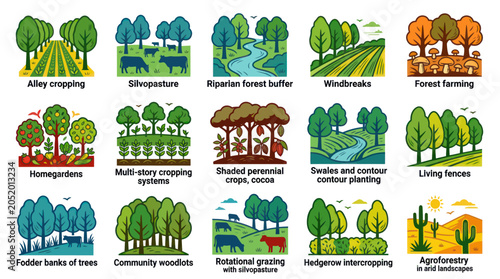 Agroforestry Systems Flat Vector Illustrations Set for Sustainable Agriculture and Eco-friendly Land Use